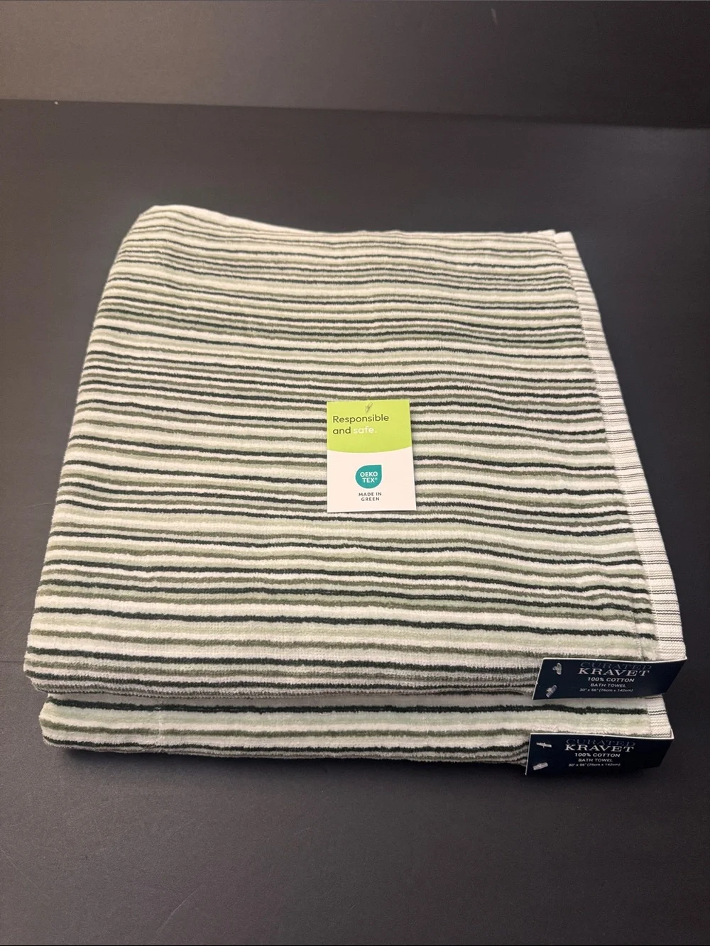 8pc CURATED KRAVET 100% Cotton Green/White Striped Bath Towel Set - Logan